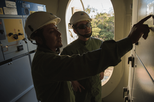 Fotografía de dos trabajares de Iberdrola con cascos dentro de un área de trabajo 