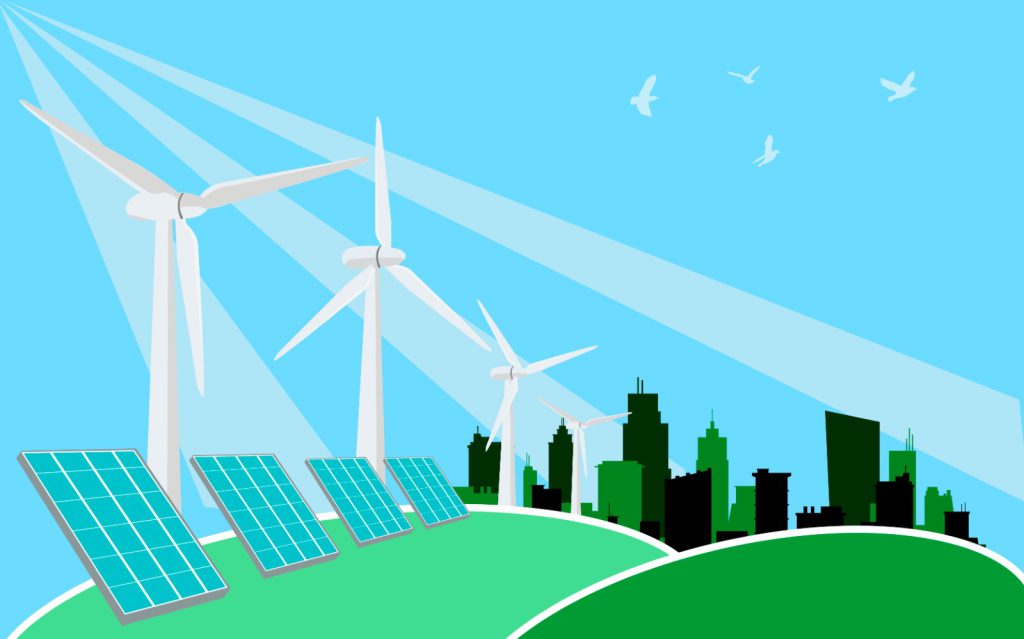paneles solares, molino de viento, con ciudad de fondo
