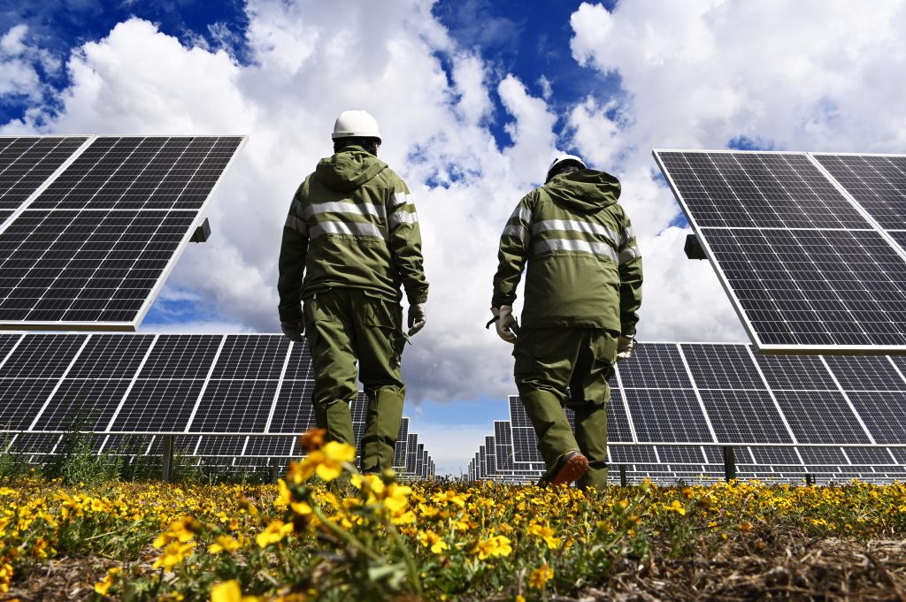 Dos empleados de Iberdrola en una granja de celdas solares.